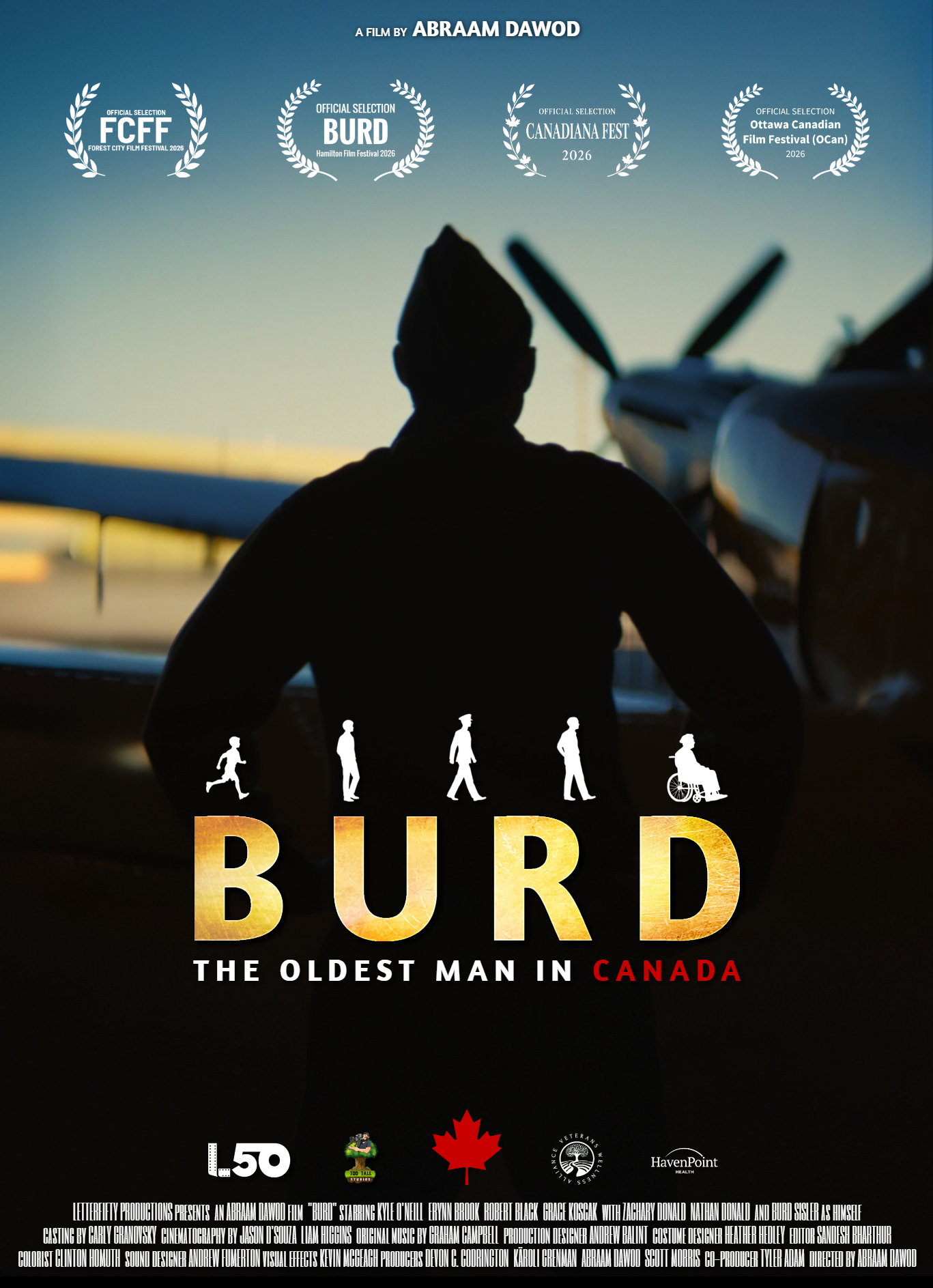 Film poster for "BURD" featuring a silhouette of a Royal Canadian Airforce aviator standing near a World War 2 era plane.